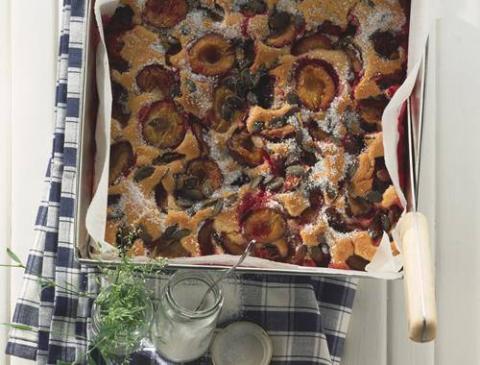 Saftiger Obstkuchen mit Kürbiskernen